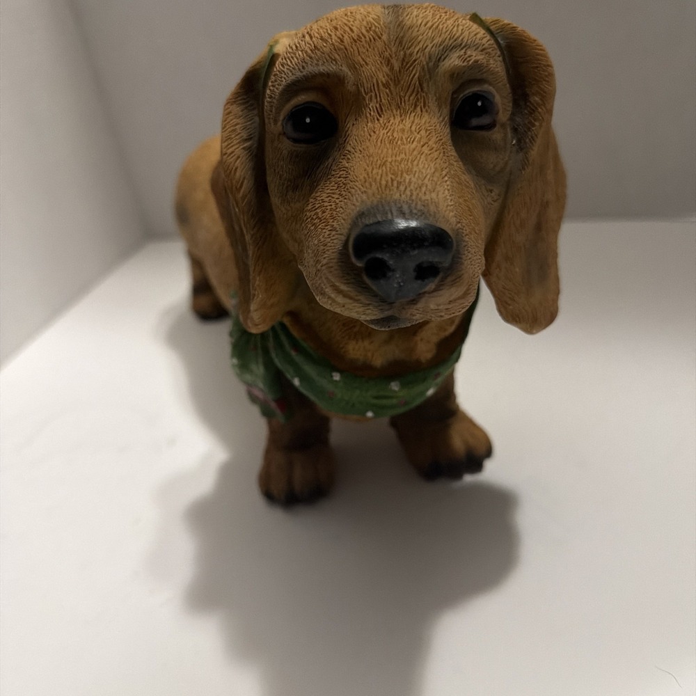 Dachshund Figurine Holiday Resin Wiener Dog Statue Green Bow 11 Inch